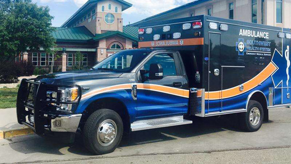 Photo shows a Southwest Health System Ambulance outside of the Cortez Rec Center